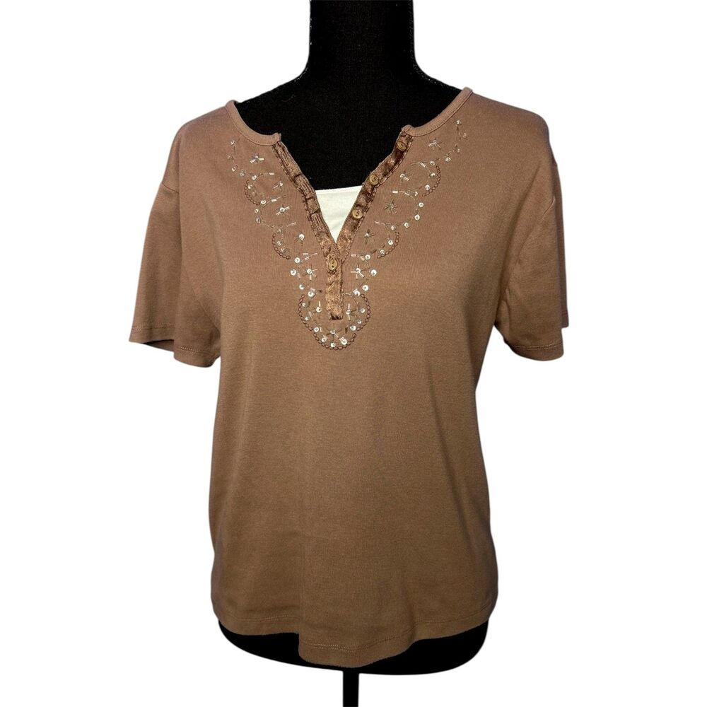Jason Maxwell‎ Womens Mocha Brown Short Sleeve Top Sz M Sparkle Sequin Y2K 2000s